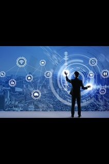 A man in business formals touching a smart screen displaying digital icons