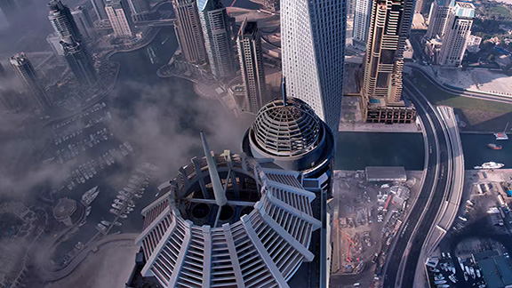 Aerial view of Burj Khalifa and other surrounding sky scrappers