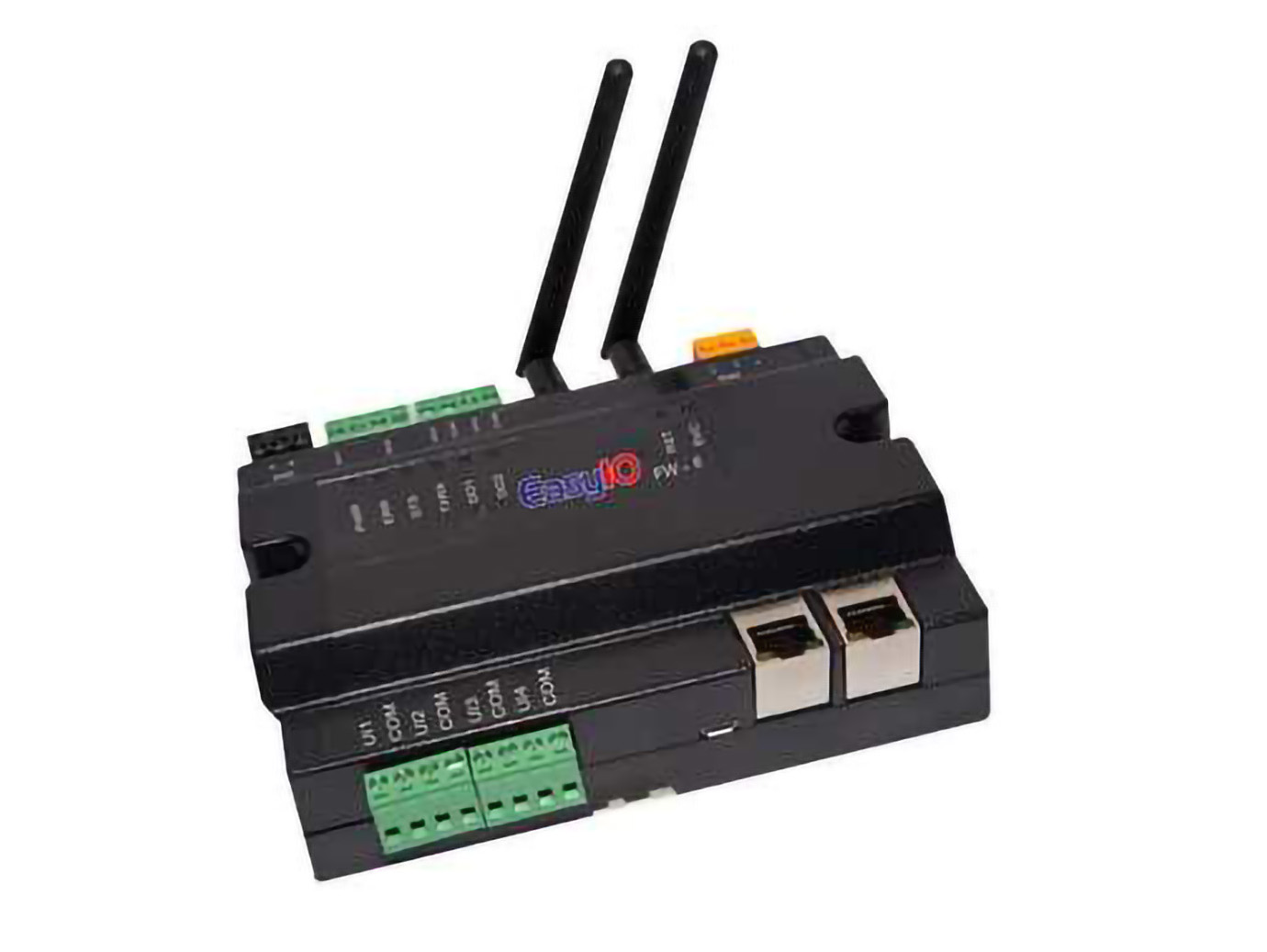An Industrial electronic module, labeled EasyIO with connection ports and two antennas