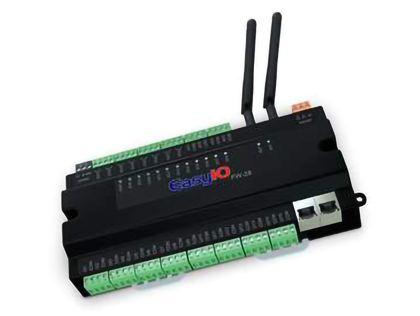 An Industrial electronic device, labeled EasyIO featuring multiple connection ports and two antennas